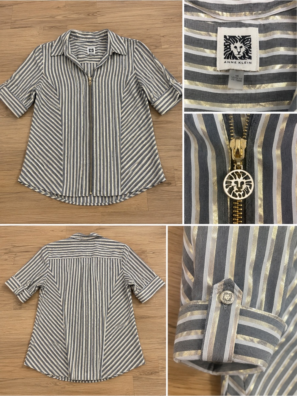 Anne Klein Gray, White & Gold Striped Zip-Front Blouse